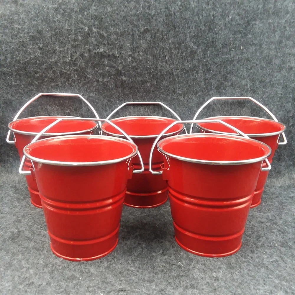 Pottery Barn Red Metal Buckets - Set of 5